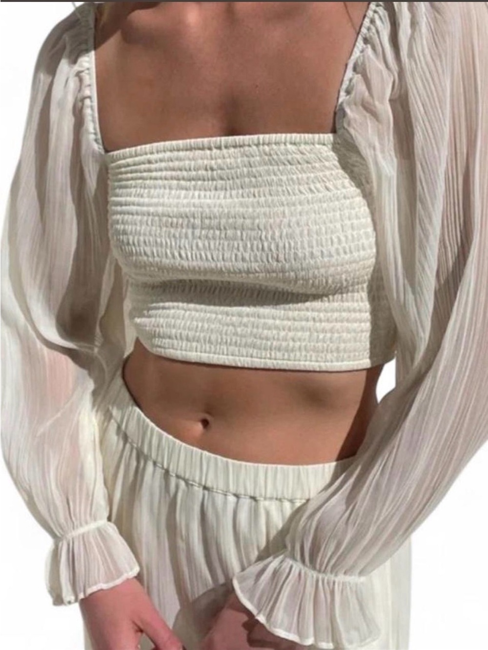 OAK + FORT Cream Smocked Square-Neck Crop Top with Sheer Bishop Sleeves